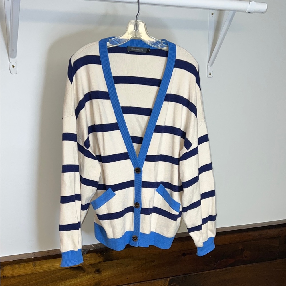 Amazon Merokeety‎ Striped Blue and White Cardigan Nautical Vibe- M